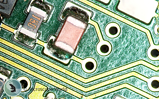 Circuit Board Under stereo Microscope with Polarizing LED Ring Light