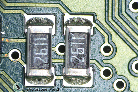 Circuit board under stereo microscope