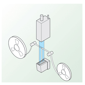 Measuring tape width with a laser scan micrometer.