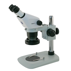 Zeiss stemi 305 stereo zoom microscope on compact post stand with LED ring light.