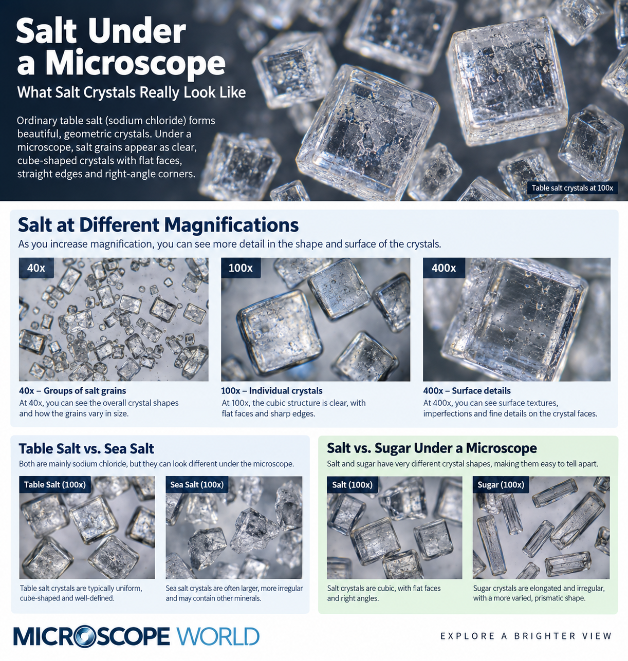 Salt under a microscope at 40x, 100x and 400x magnification with salt vs sugar comparison