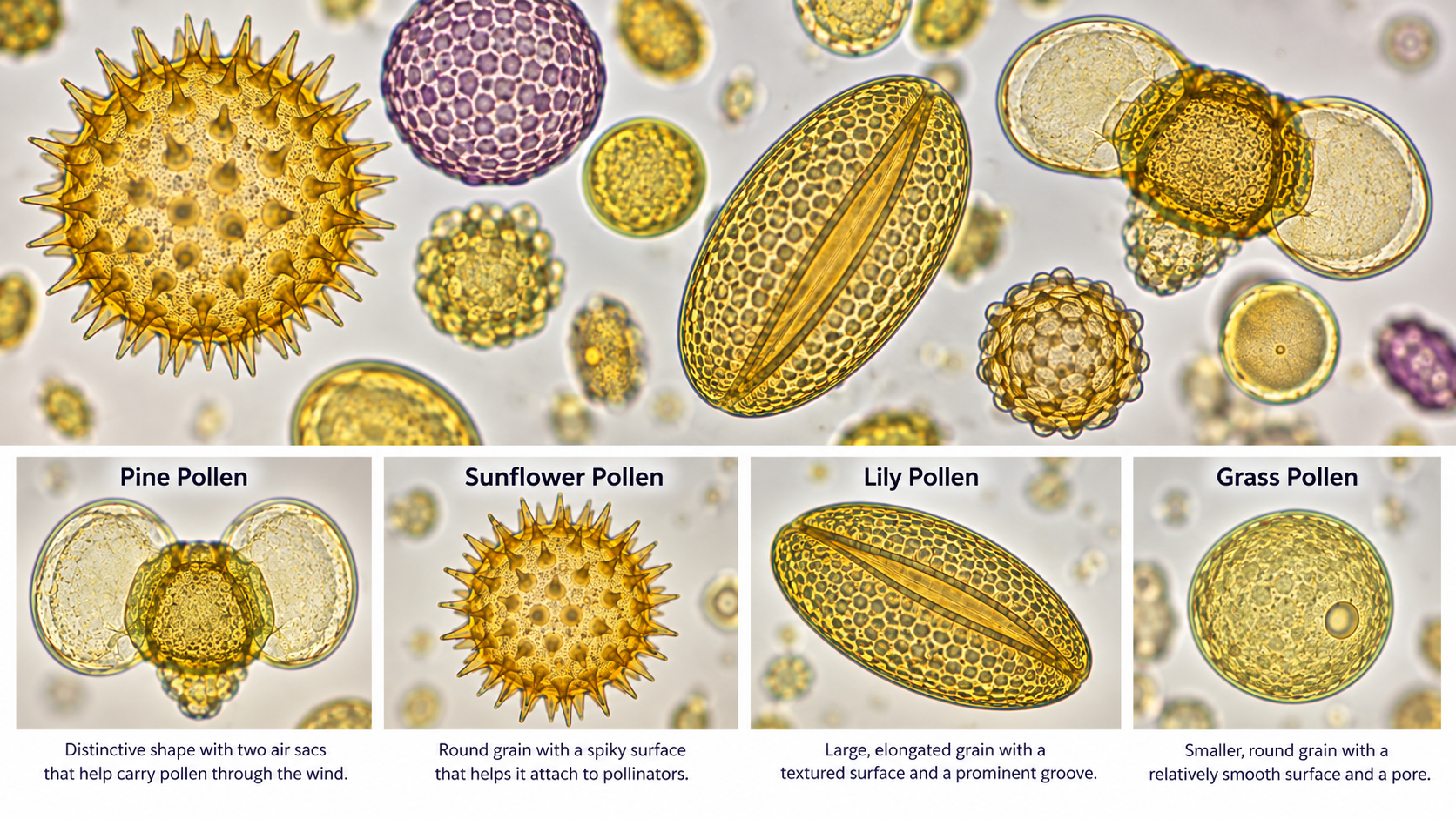 Illustrated comparison of pine, sunflower, lily, and grass pollen grains under magnification.