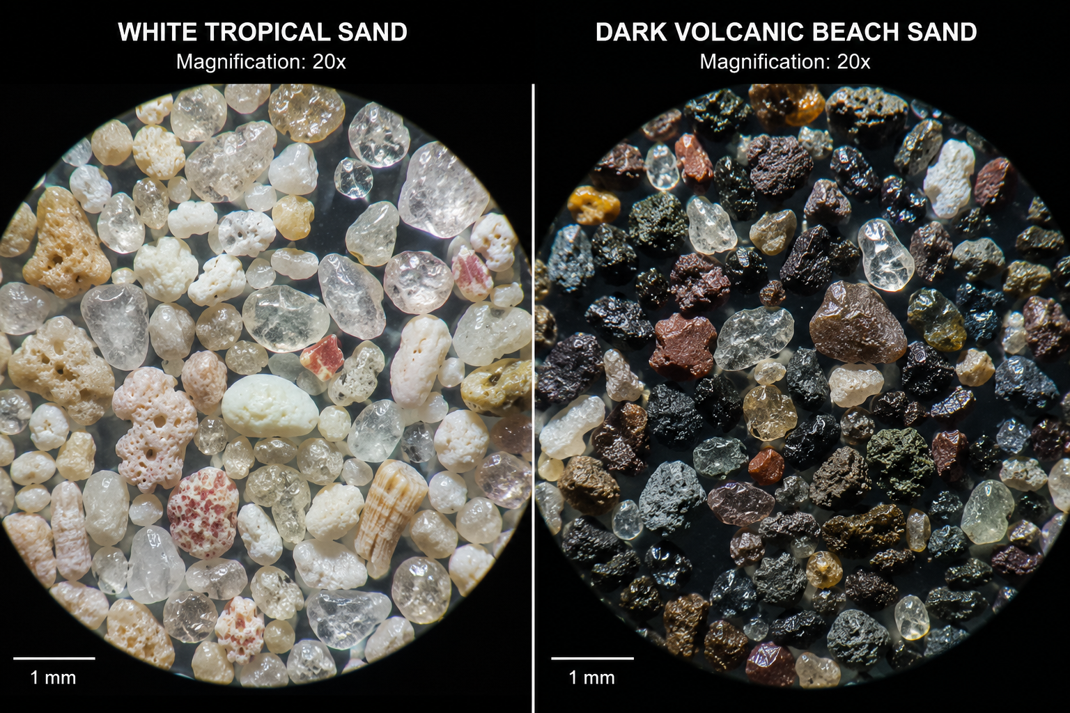 tropical beach sand compared to volcanic sand